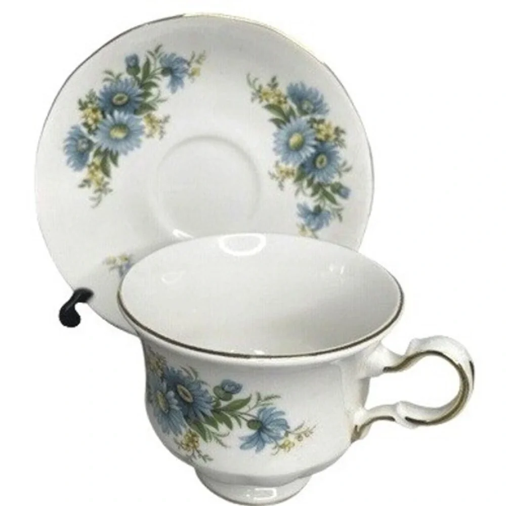 Queen Anne English Bone China Tea Cup Saucer Set Blue Daisy Pattern 8542 Vintage
